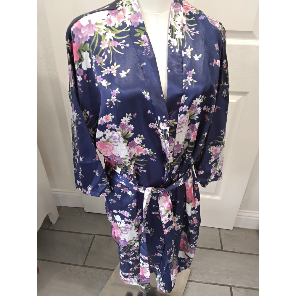 Navy Blue Floral Satin Kimono Robe Pink Purple‎ Flower Print XL Loungewear